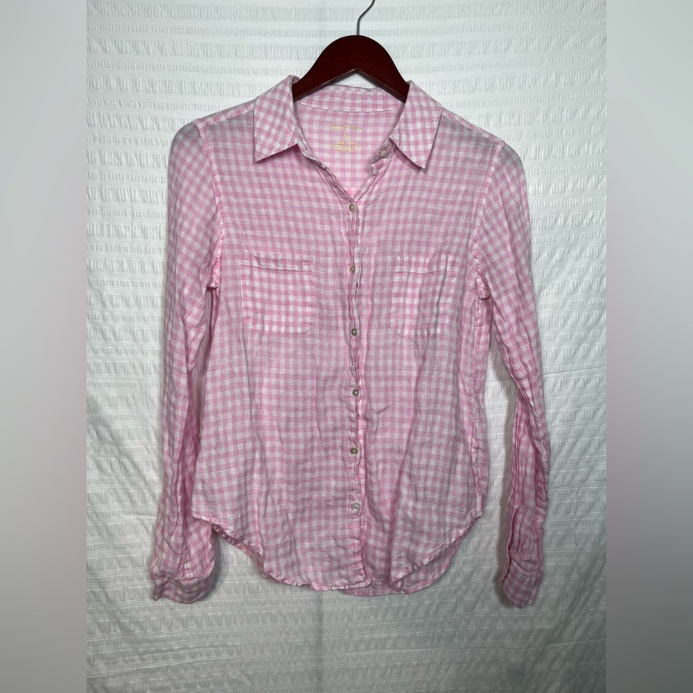 Lilly Pulitzer Women’s Pink Gingham Button-Up Linen Shirt Size Small